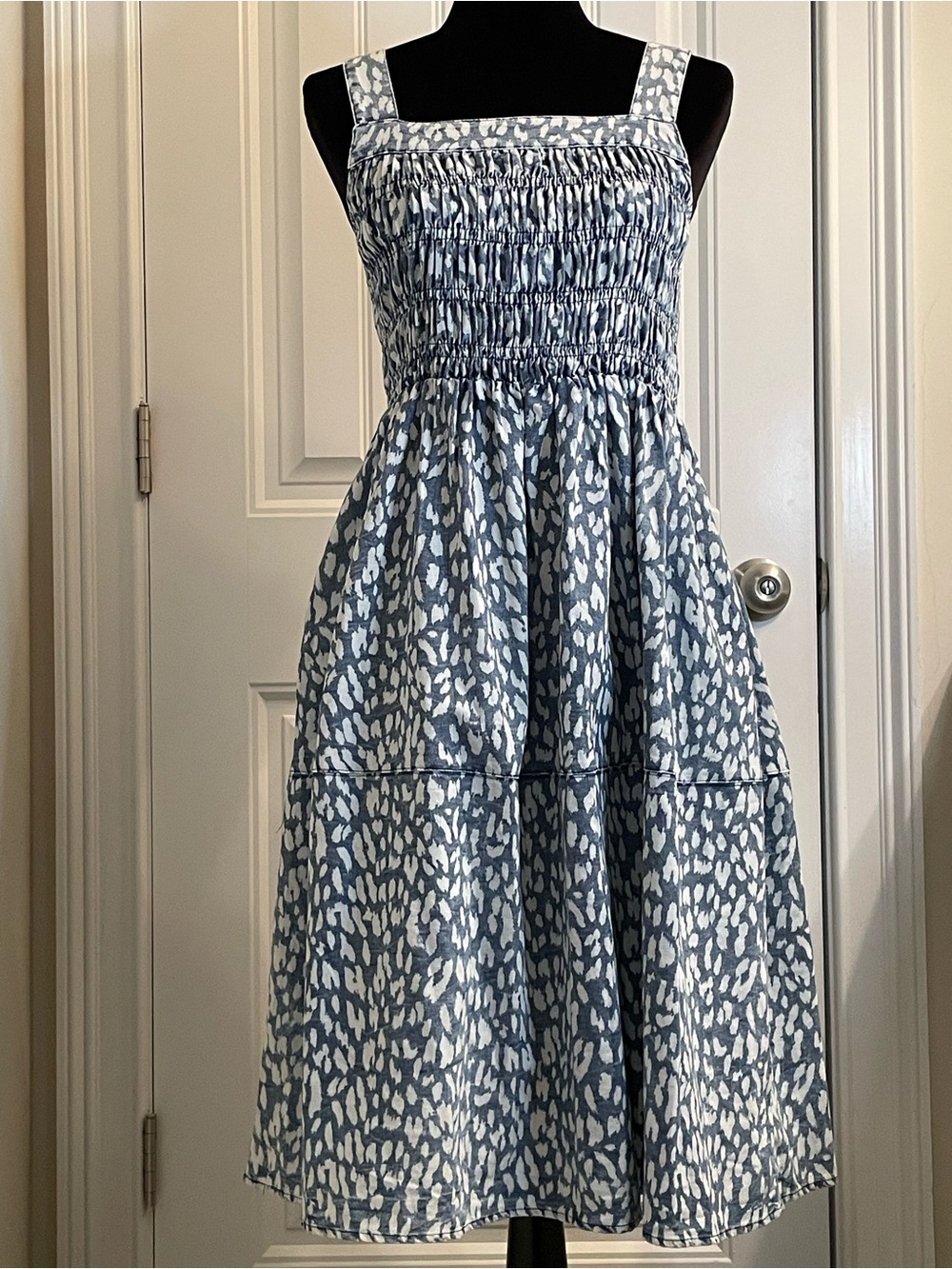 ODDi Blue and White Printed Smocked Midi Dress with pockets